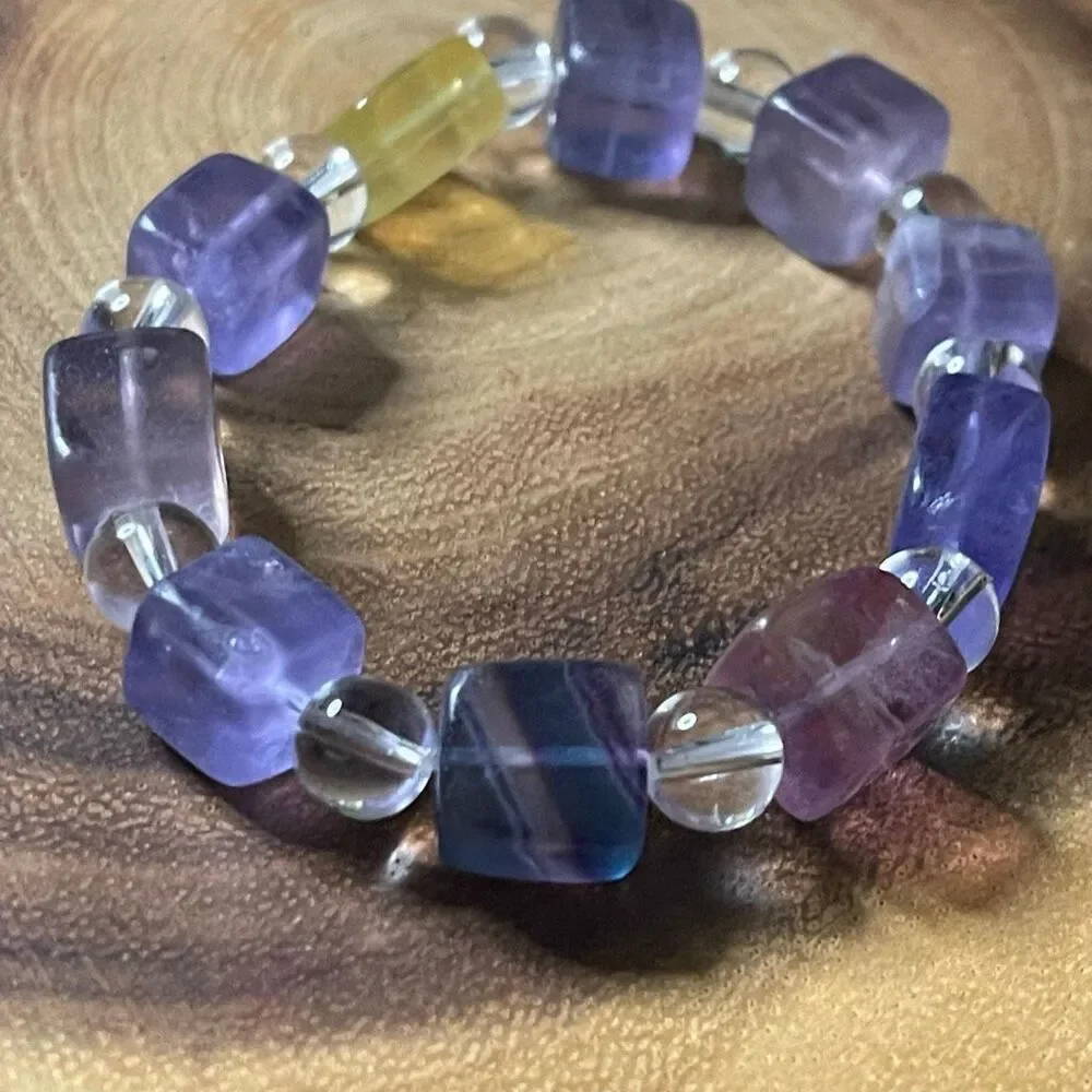 Fluorite bracelet striped layers rainbow colors cube stretch 10mm 7.5” natural c